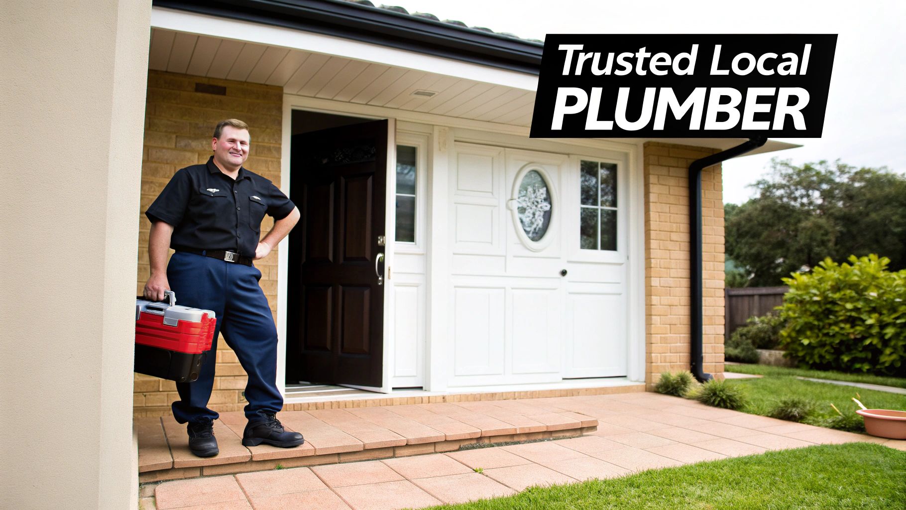 A friendly male plumber in uniform, holding a toolbox, stands smiling outside a house.