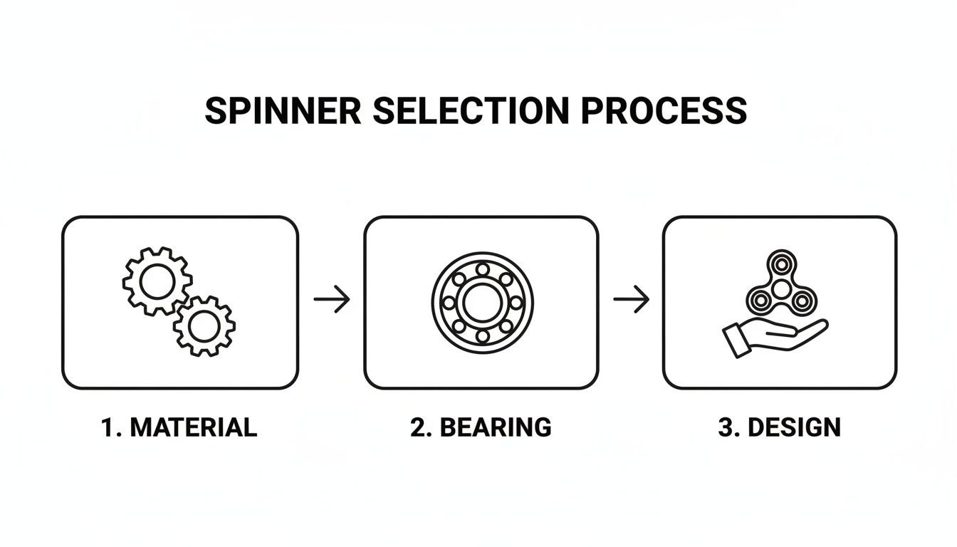 Flowchart showing fidget spinner selection process steps: material, bearing, and design, with icons.