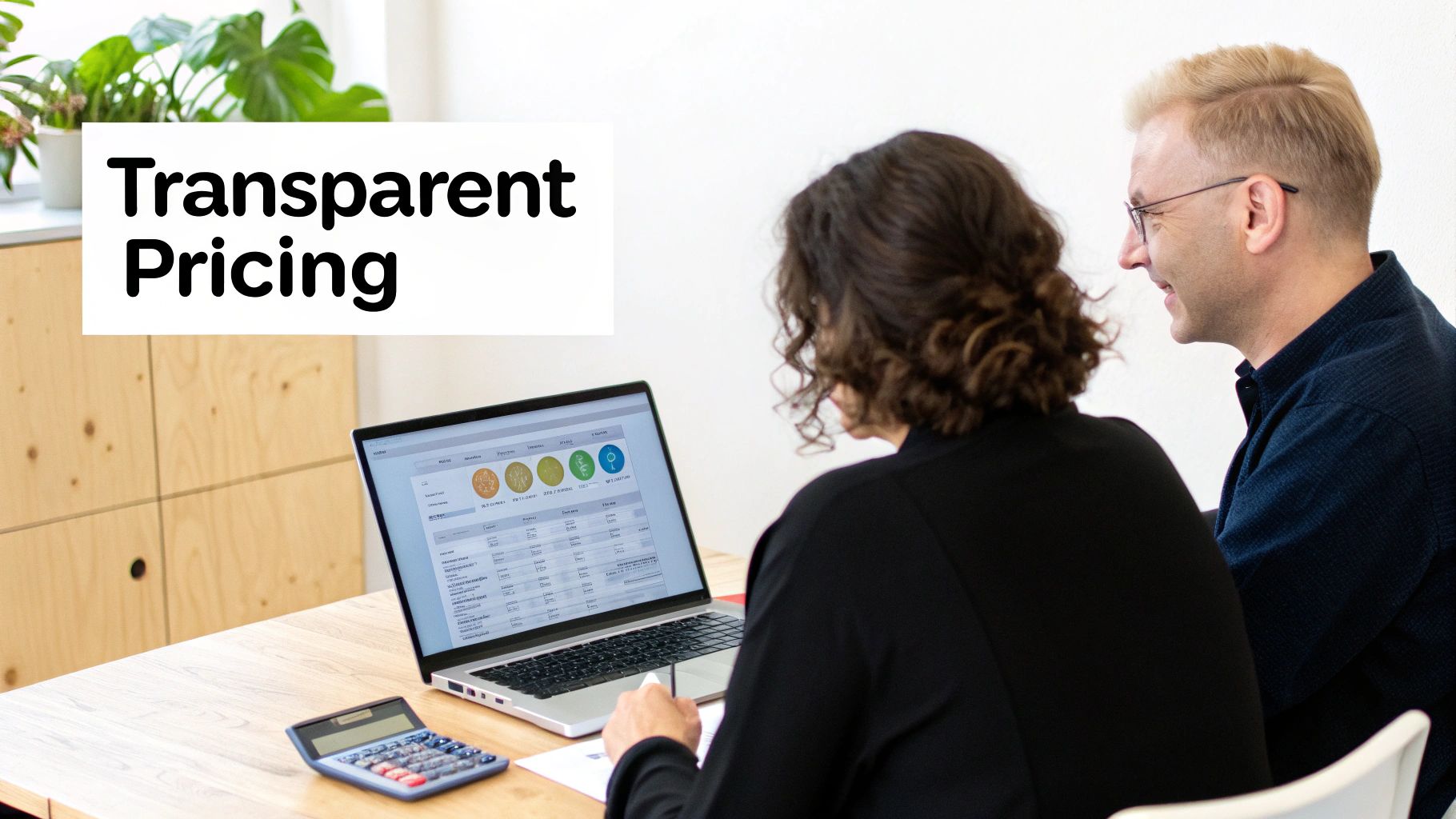 Two business professionals reviewing transparent pricing data on laptop with calculator for web design services