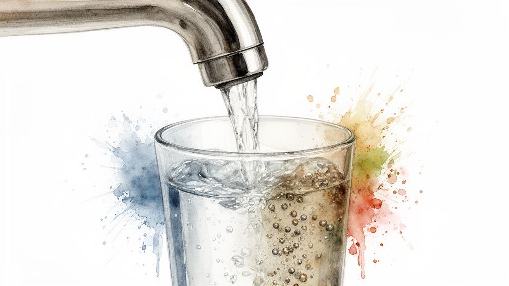 Water pouring from a tap into a glass, showing a stark contrast between clean and polluted water.