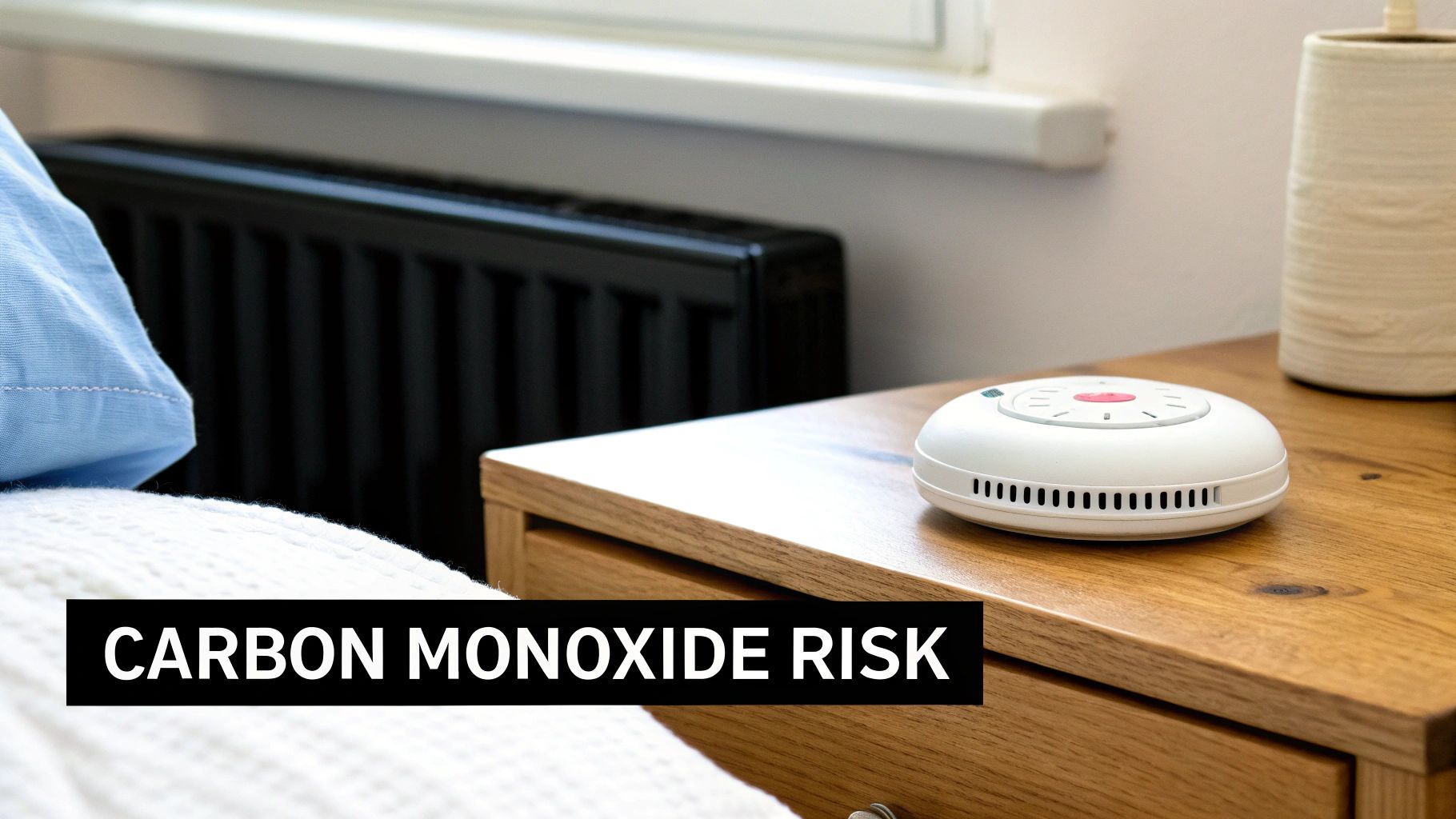 A white carbon monoxide detector sits on a wooden bedside table, ensuring home safety.