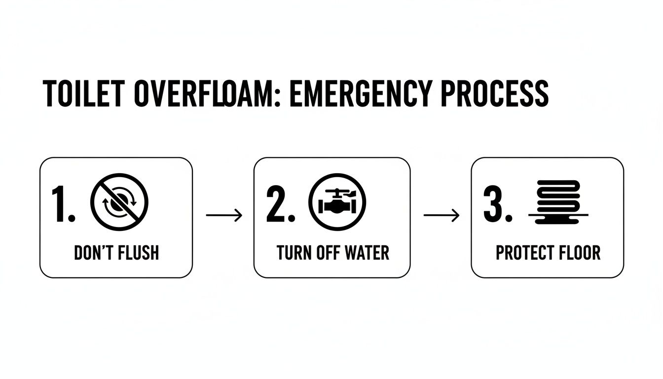 Infographic showing a 3-step emergency process for toilet overflow: Don't flush, turn off water, protect floor.
