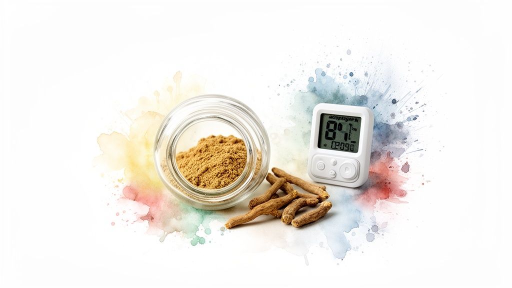 Ashwagandha powder in a jar with roots and a digital thermometer on a watercolor background.