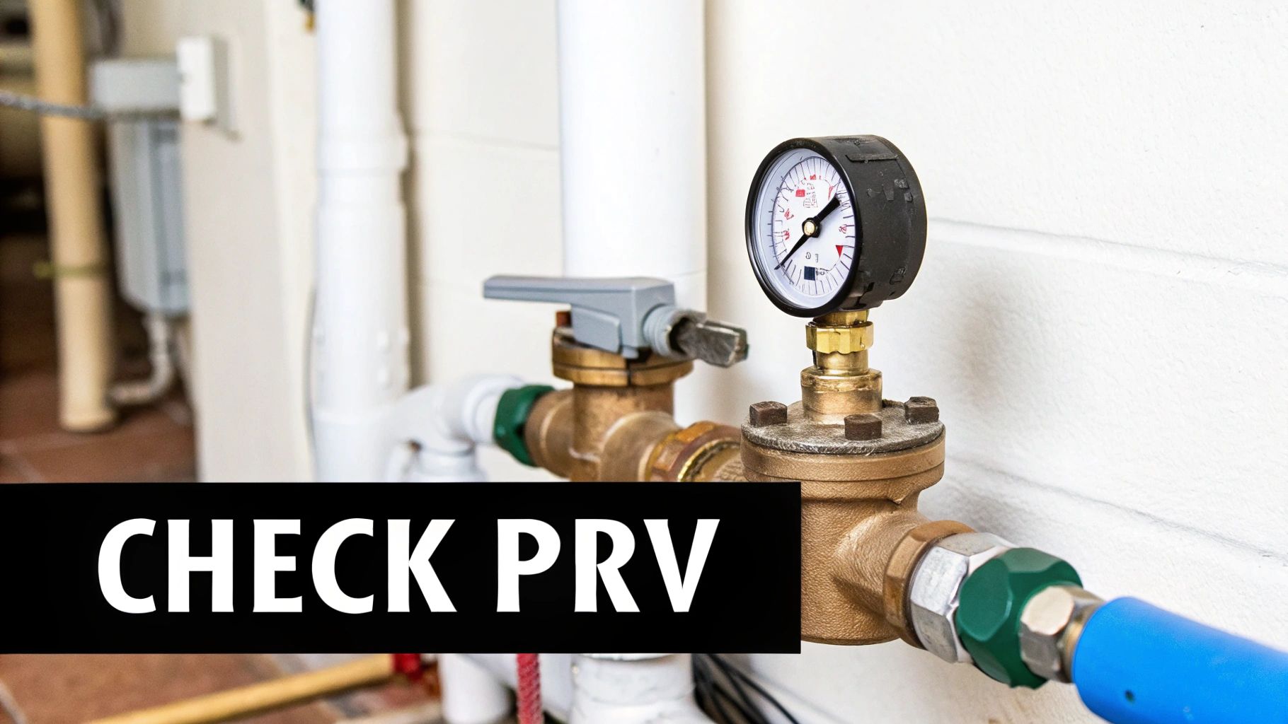 Plumbing system with a brass pressure reducing valve (PRV) and a water pressure gauge.