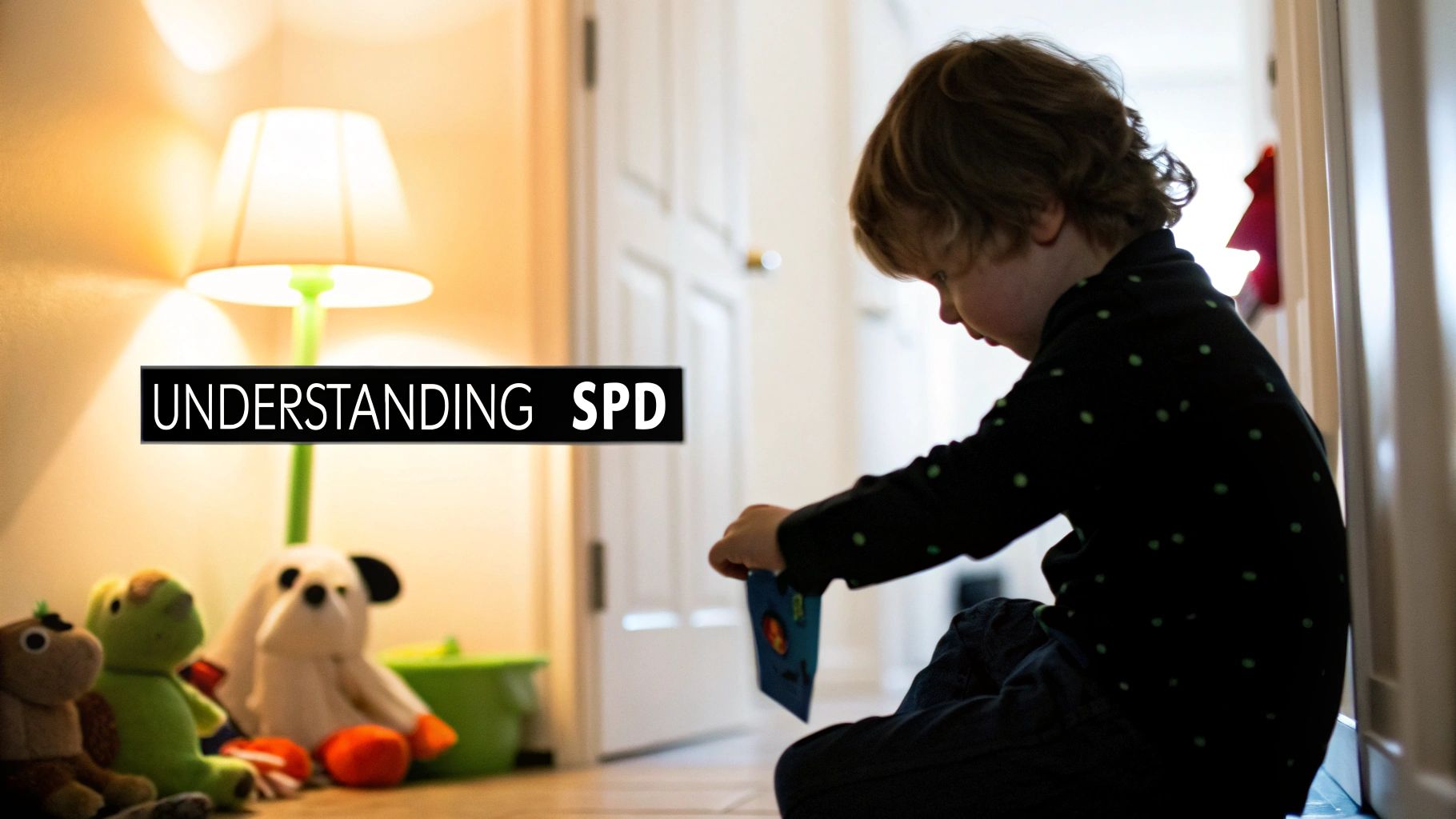 Young child with sensory processing disorder playing alone with toys in bedroom at home