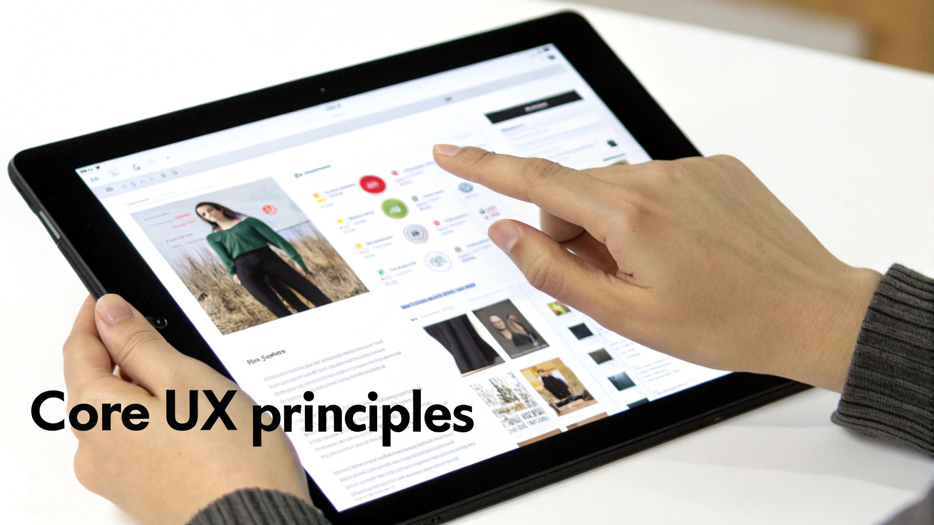 Person using tablet displaying UX design interface with core user experience principles overlay text