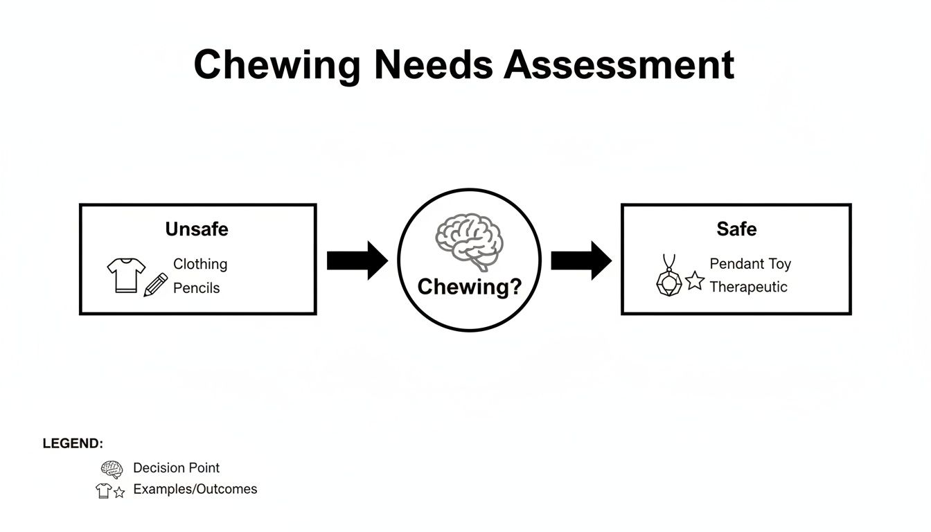 Flowchart assessing chewing needs, categorizing unsafe items (clothing, pencils) and safe therapeutic options like pendant toys.