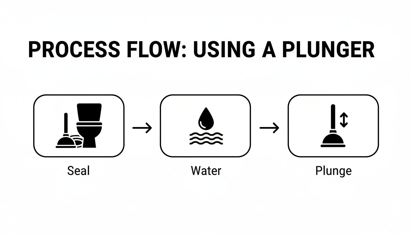 Process flow diagram illustrating three steps for using a plunger to clear a blocked toilet: seal, water, and plunge.