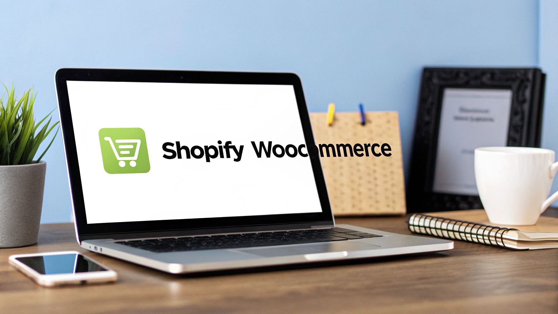 A laptop screen displays 'Shopify Woocommerce' with a shopping cart logo on a wooden desk.