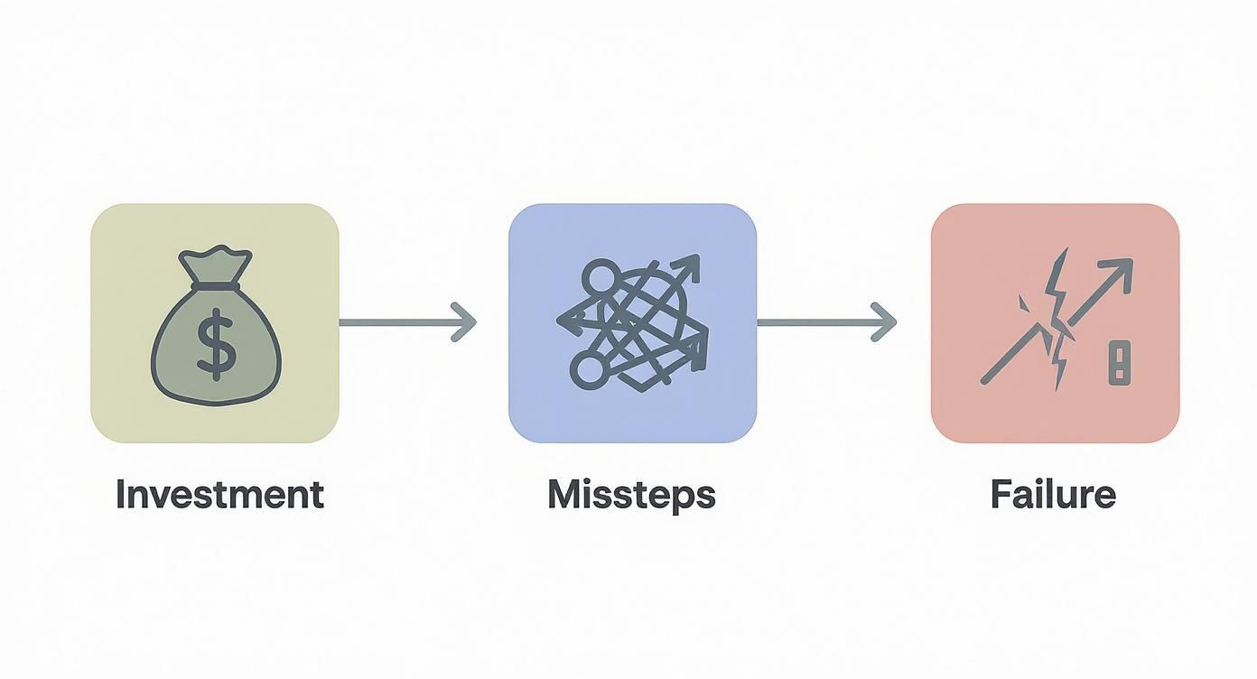 Infographic showing the process flow of failed SEO, from investment to missteps to failure.
