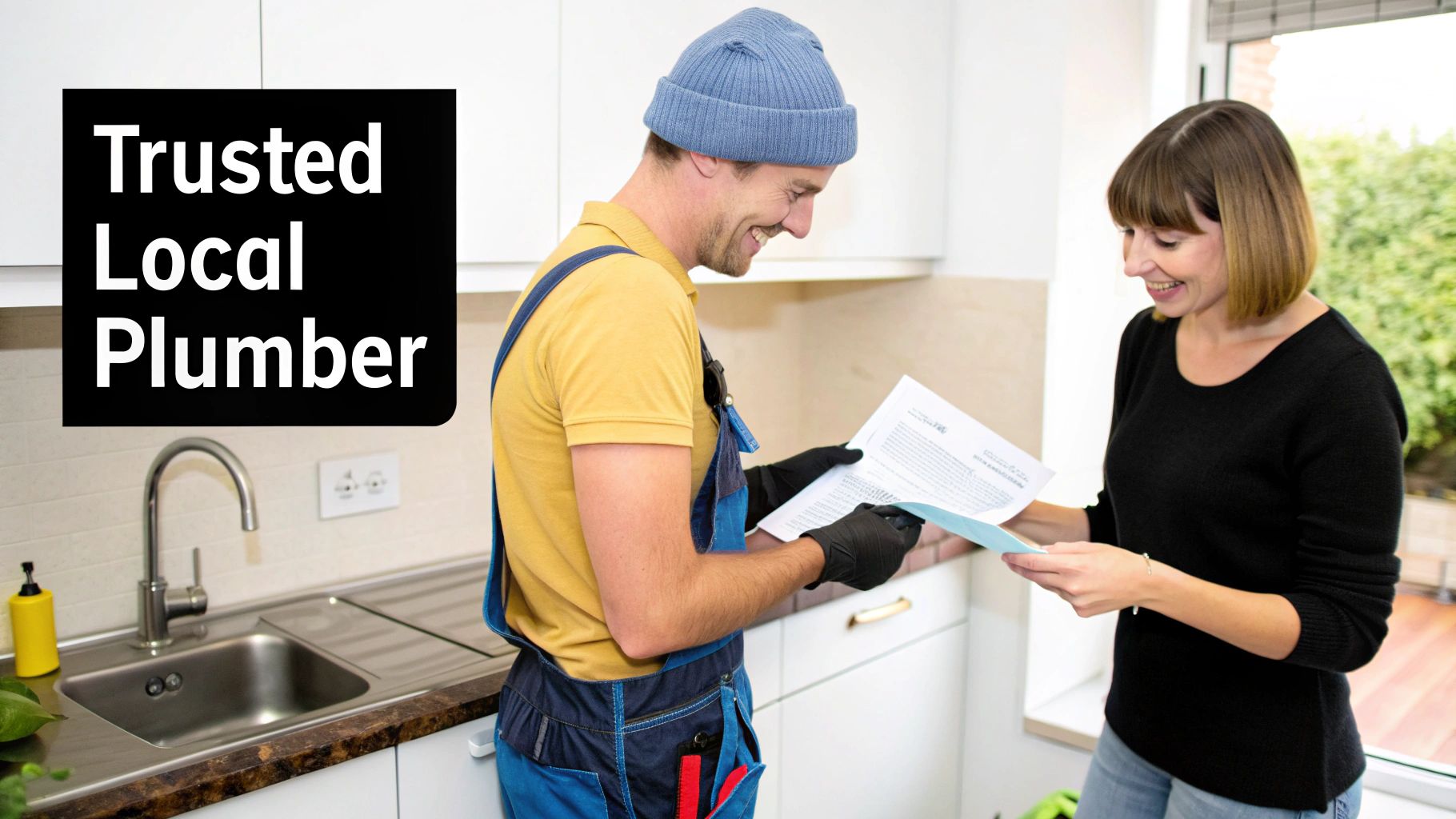 A smiling male plumber in overalls shows a service document to a happy female customer in her kitchen.