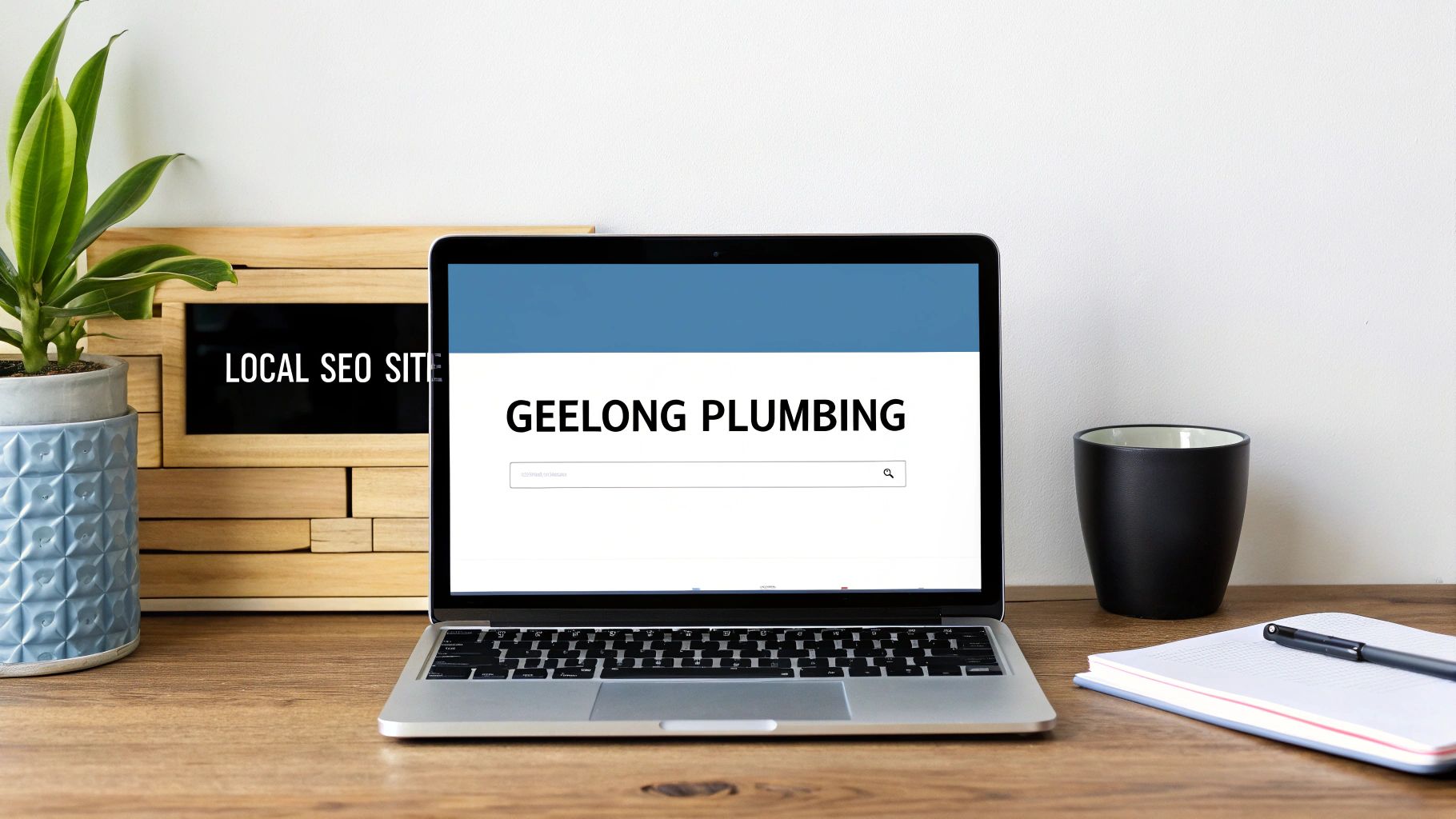 Laptop displaying 'GEELONG PLUMBING' in a search bar, next to a 'LOCAL SEO SITES' sign on a wooden desk.