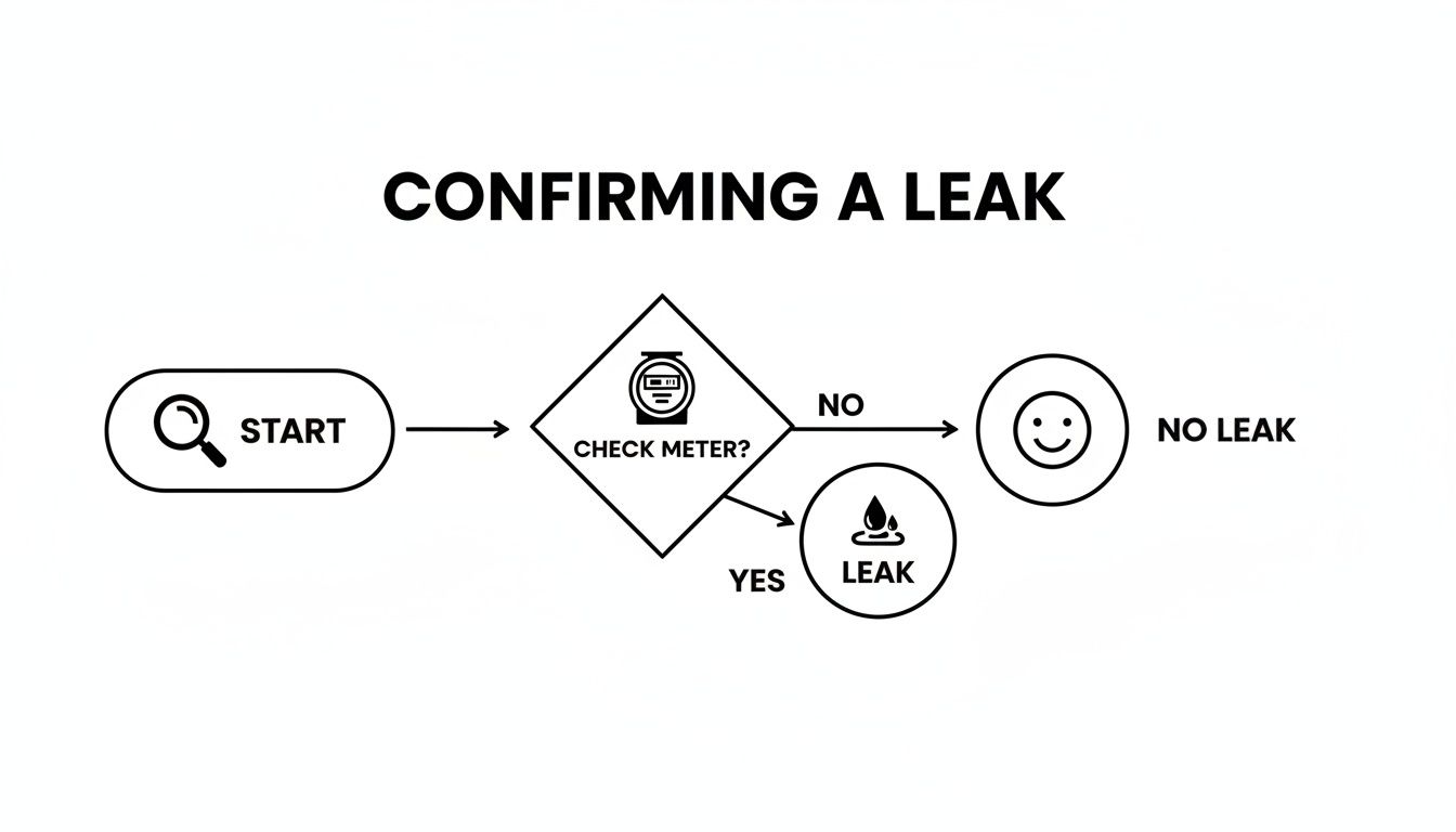 Flowchart outlining steps to confirm a water leak by checking the water meter.