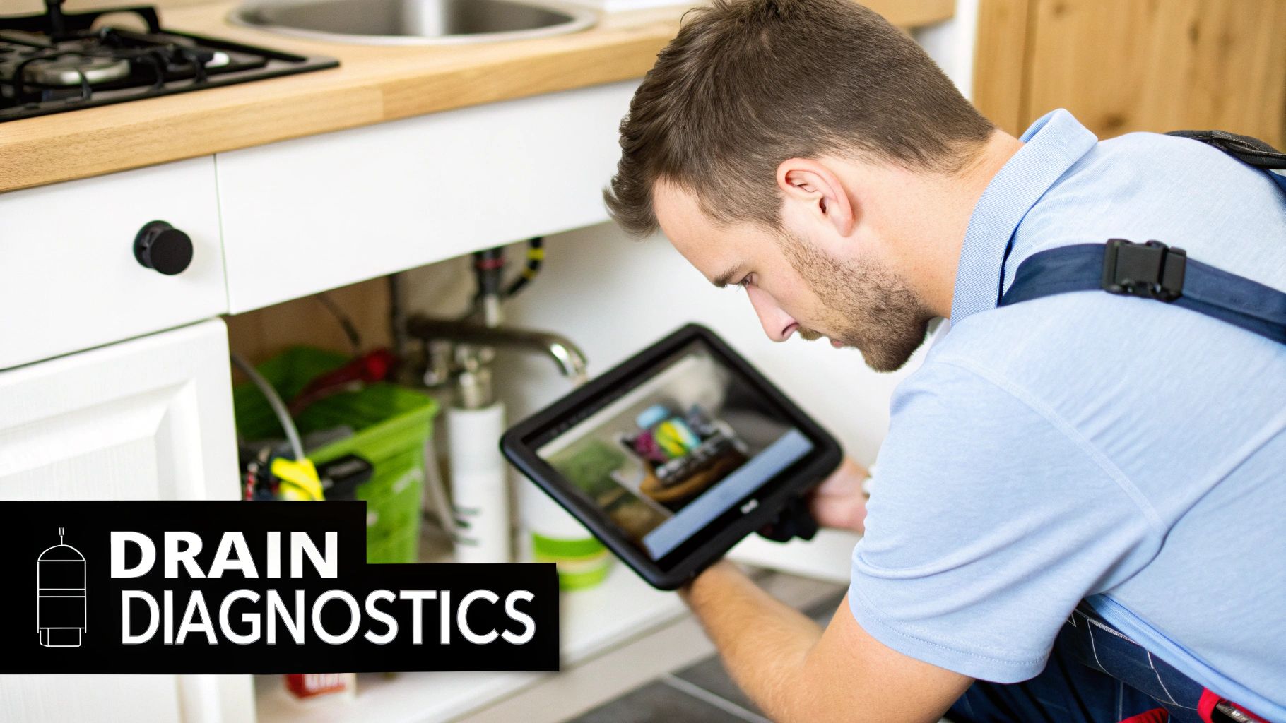 A plumber performs drain diagnostics under a kitchen sink, using a tablet to inspect pipes.