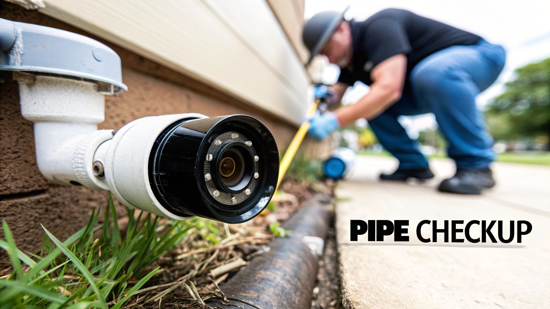 A CCTV camera monitors a drainage pipe as a worker performs a pipe checkup outdoors.