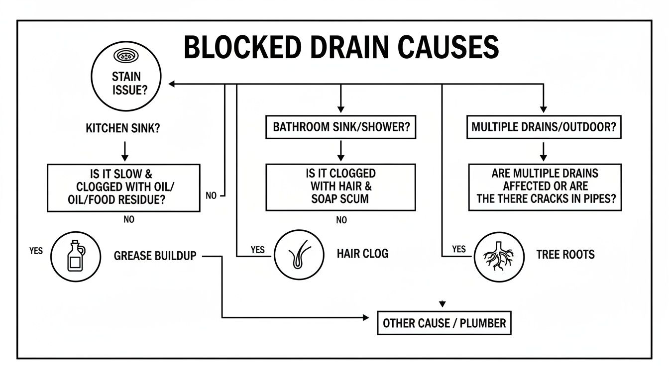 A flowchart showing different causes of blocked drains in kitchens, bathrooms, and outdoors.