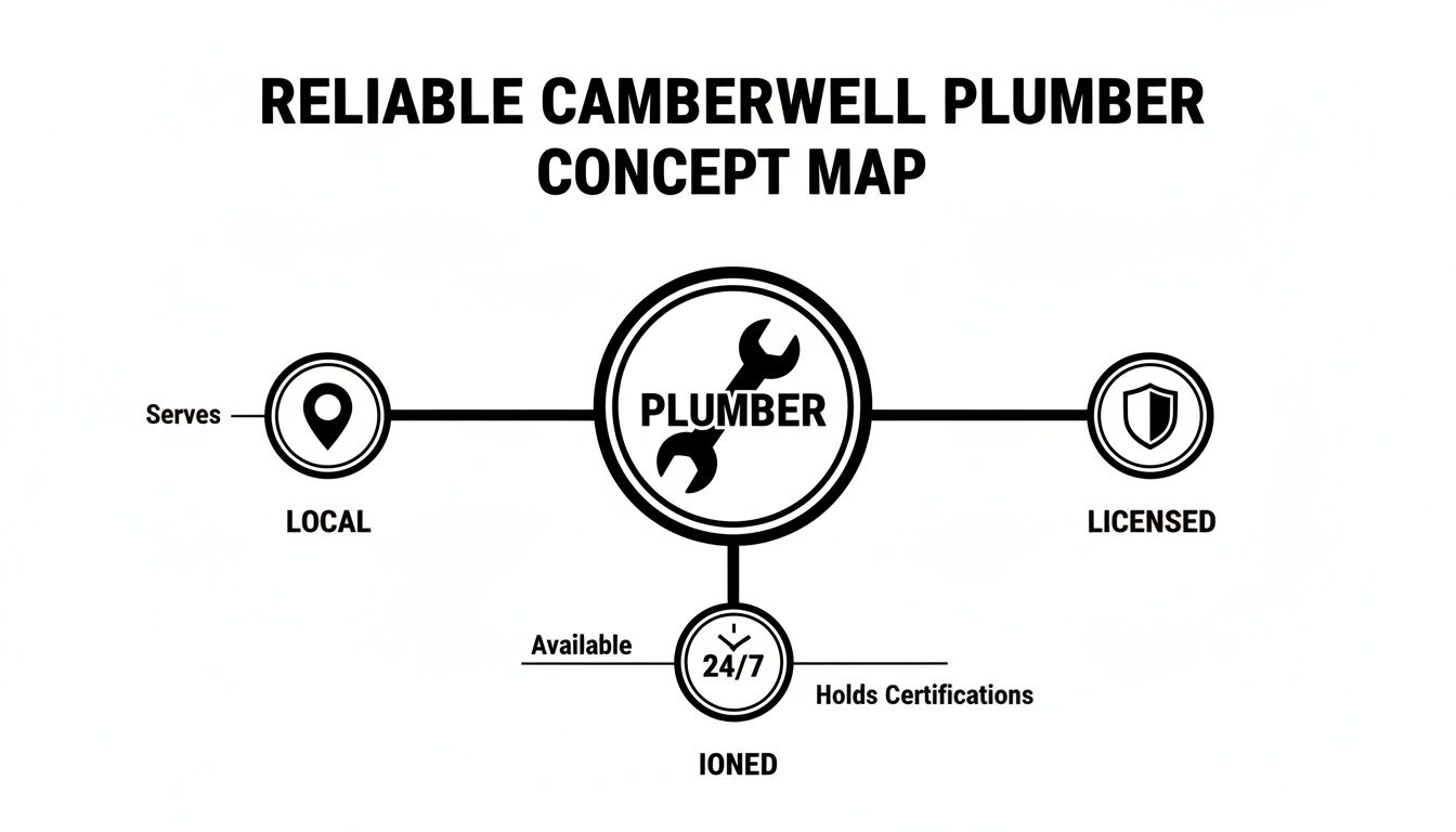 Concept map illustrating a reliable plumber in Camberwell: local, licensed, 24/7 availability, and holds certifications.