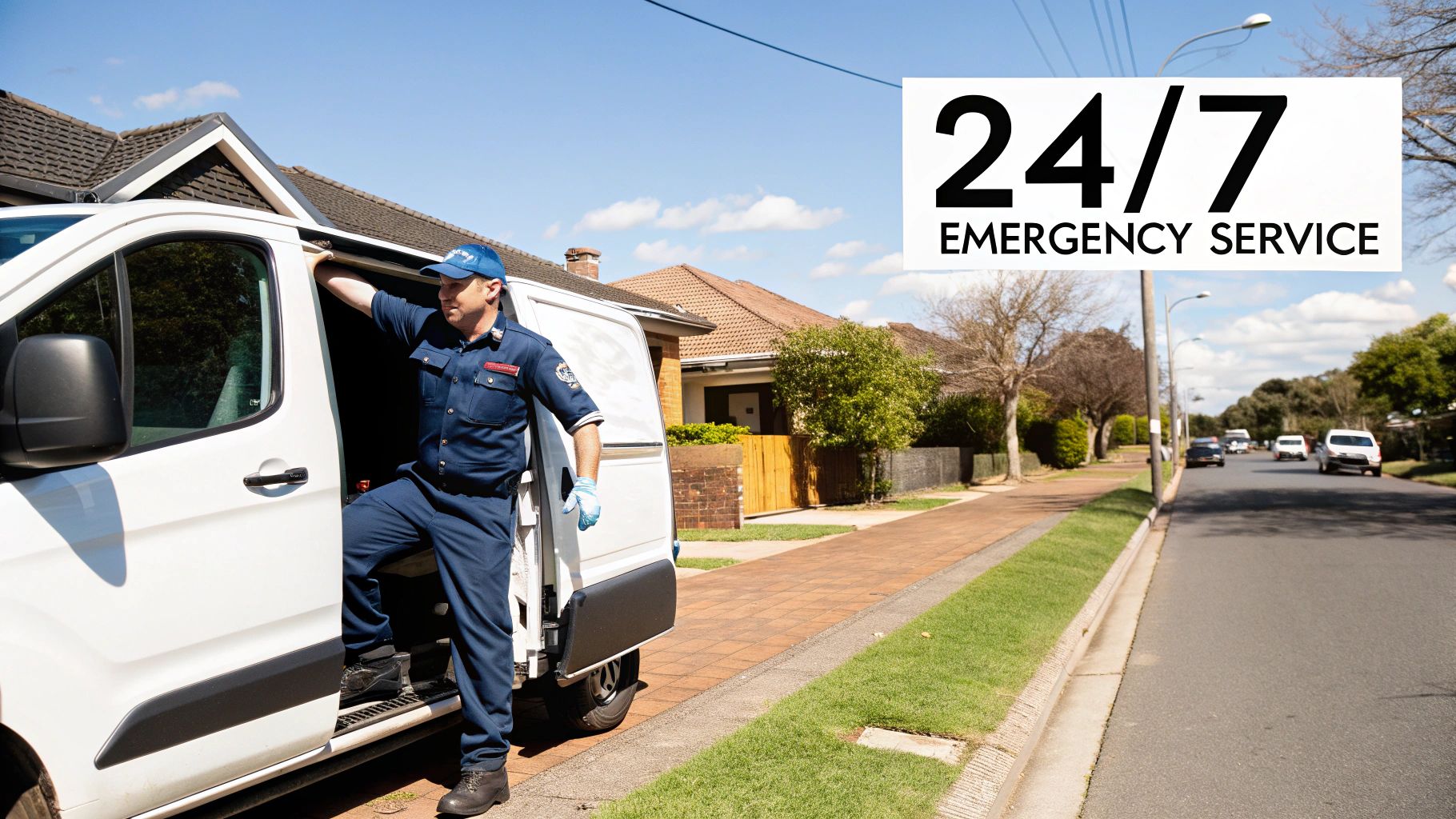 A uniformed plumber steps out of a white service van on a sunny suburban street, offering 24/7 emergency service.