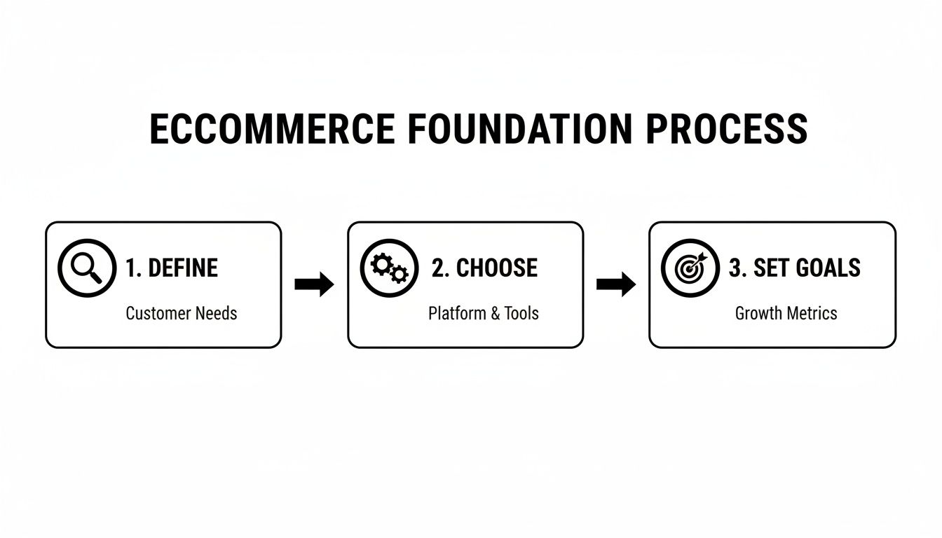 Flowchart showing a three-step ecommerce foundation process: Define customer needs, Choose platform and tools, Set growth goals.