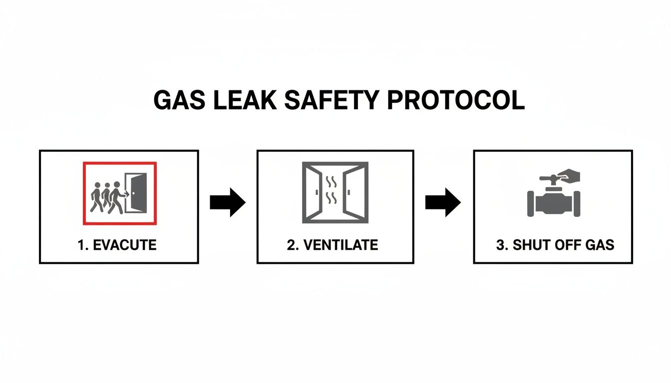 Gas leak safety protocol showing three steps: evacuate, ventilate, and shut off gas.