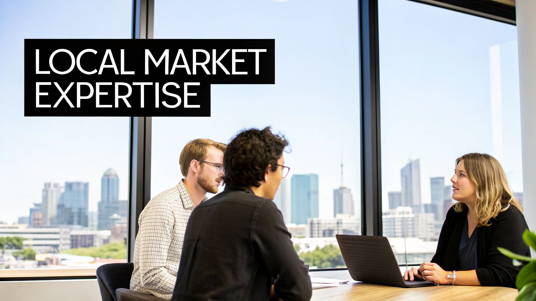 Three business professionals collaborating in a modern office with a cityscape view, text 'LOCAL MARKET EXPERTISE'.