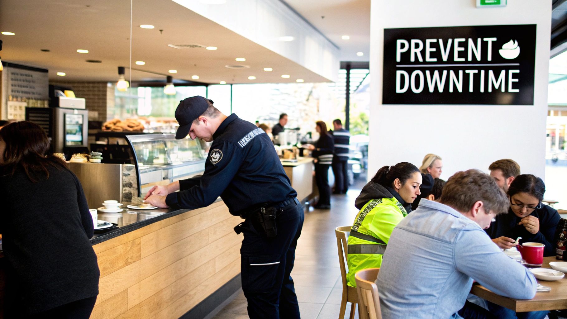 A service technician in uniform works at a cafe counter while people dine, with a 'Prevent Downtime' sign.