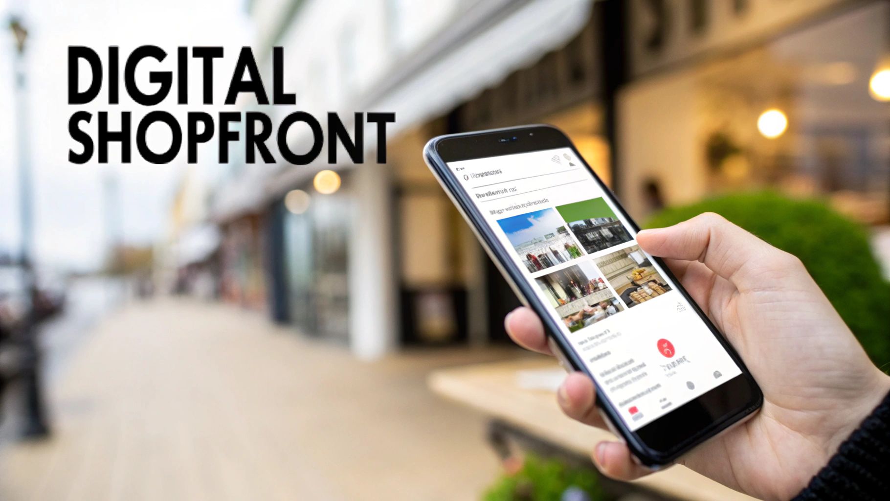 A hand holds a smartphone displaying a digital storefront application, with blurred street shops in the background.