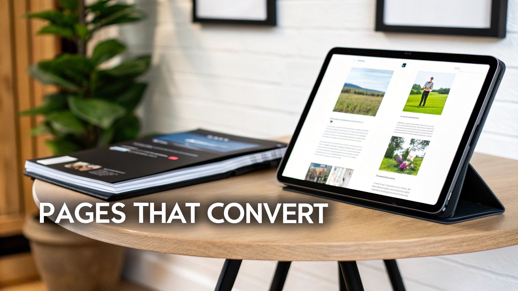 A tablet on a wooden table displaying a webpage with text and images, next to a stack of black books, with text 'PAGES THAT CONVERT' overlay.