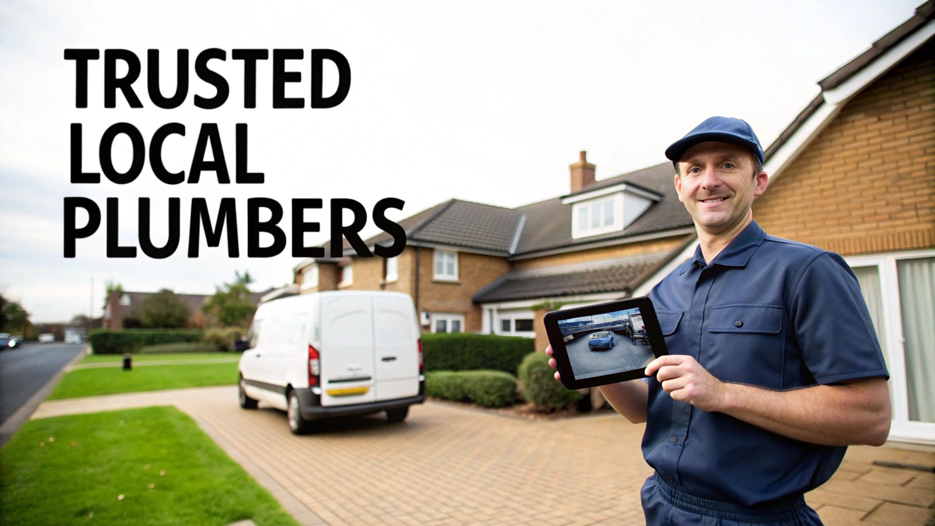 Smiling local plumber in uniform with van, holding tablet and promoting 'Trusted Local Plumbers' services.