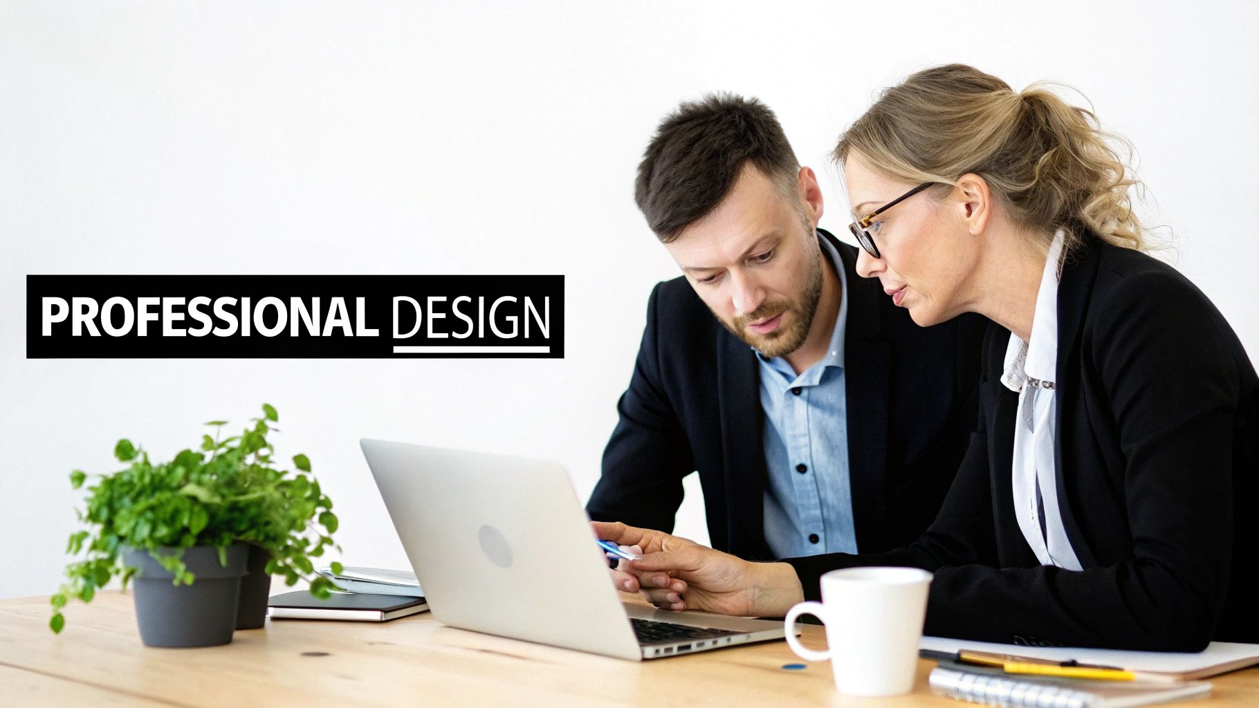 Two professional designers collaborating on a laptop at a modern desk with a plant.