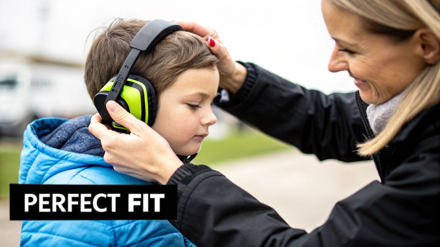 A smiling adult helps a child put on noise-canceling ear protection, ensuring a perfect fit.