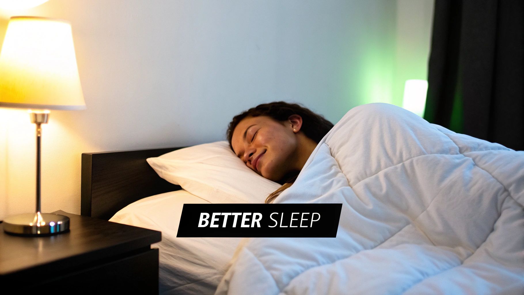 A young woman sleeping soundly in bed under a white comforter with a warm lamp glow.