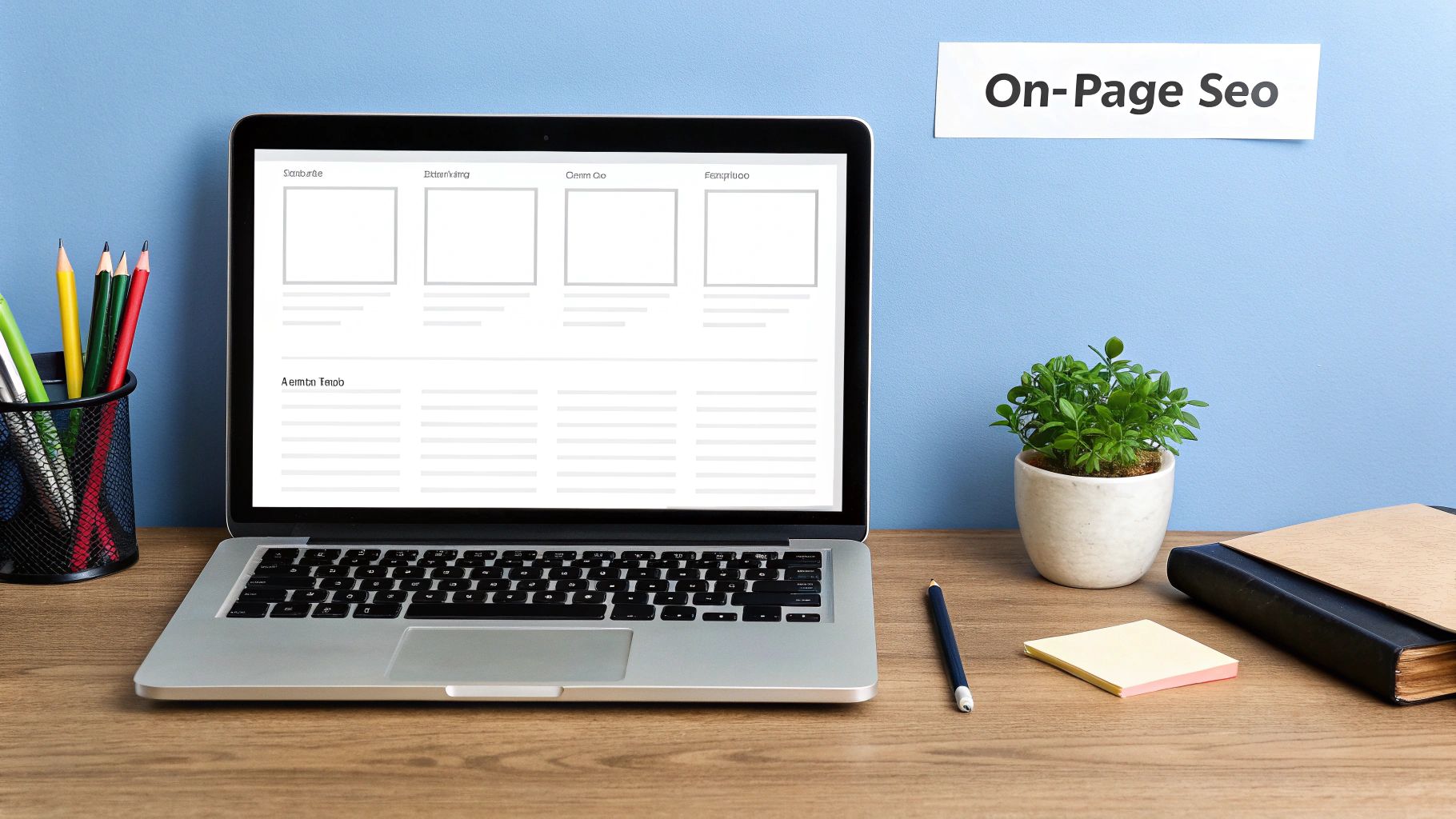 A clean desk workspace with a laptop displaying a website wireframe and an "On-Page SEO" sign.