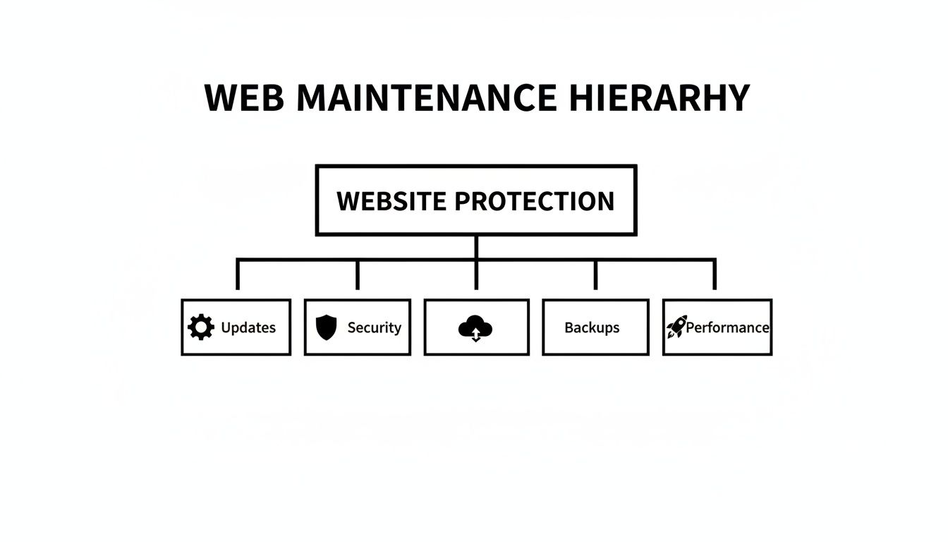 Diagram illustrating web maintenance hierarchy with website protection over updates, security, backups, and performance.
