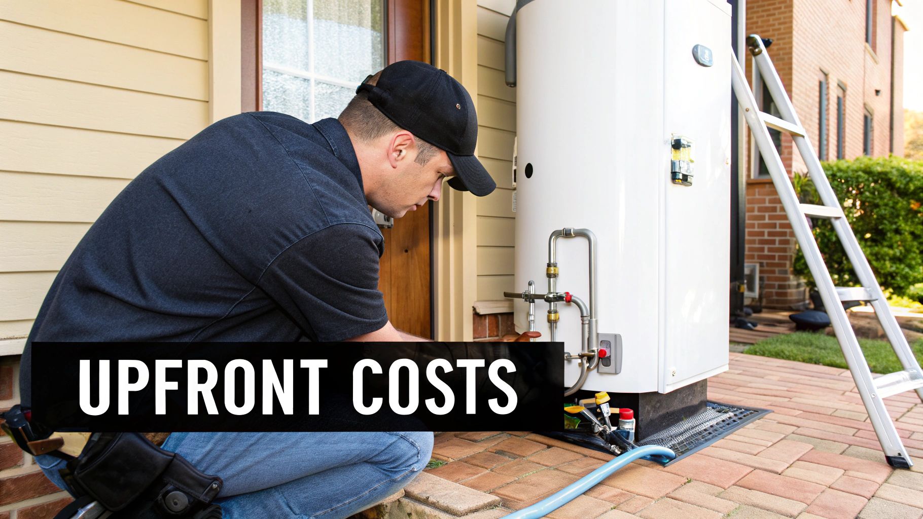 A technician works on an outdoor hot water heater, illustrating upfront costs for installation or repair.
