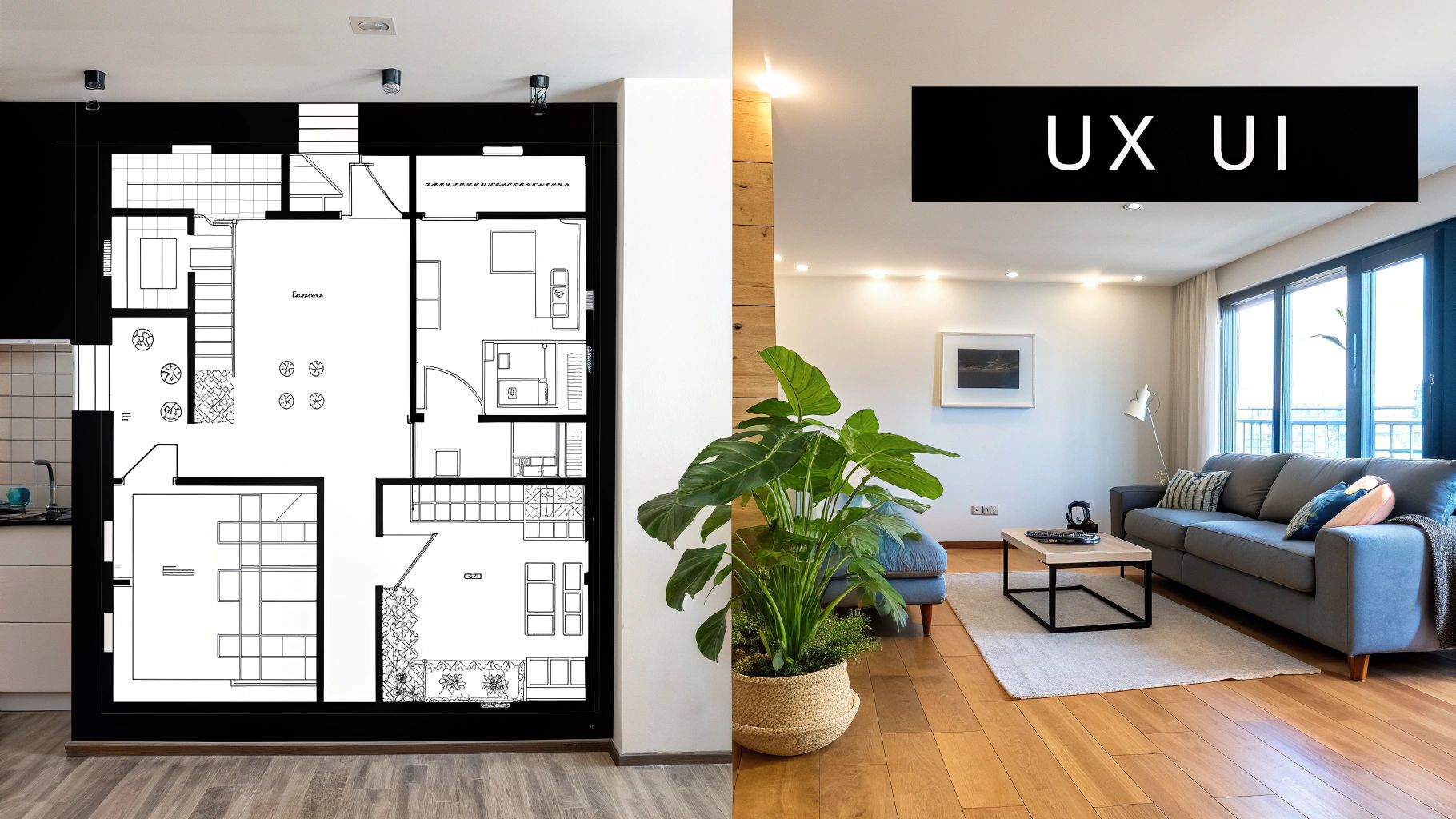 A split image showing a black and white architectural floor plan and a modern living room with 'UX UI' text.