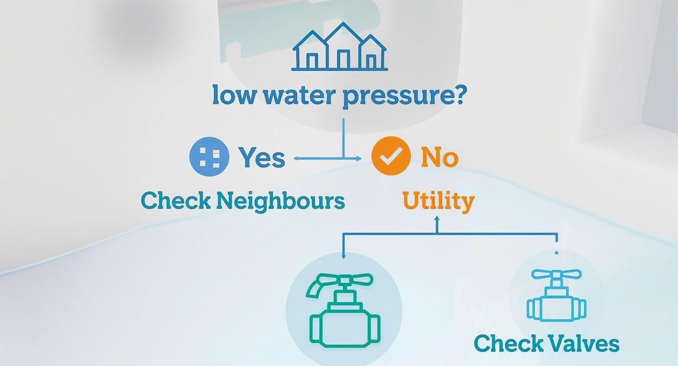 Decision tree flowchart for troubleshooting low water pressure, guiding users to check neighbors, utility, and valves.