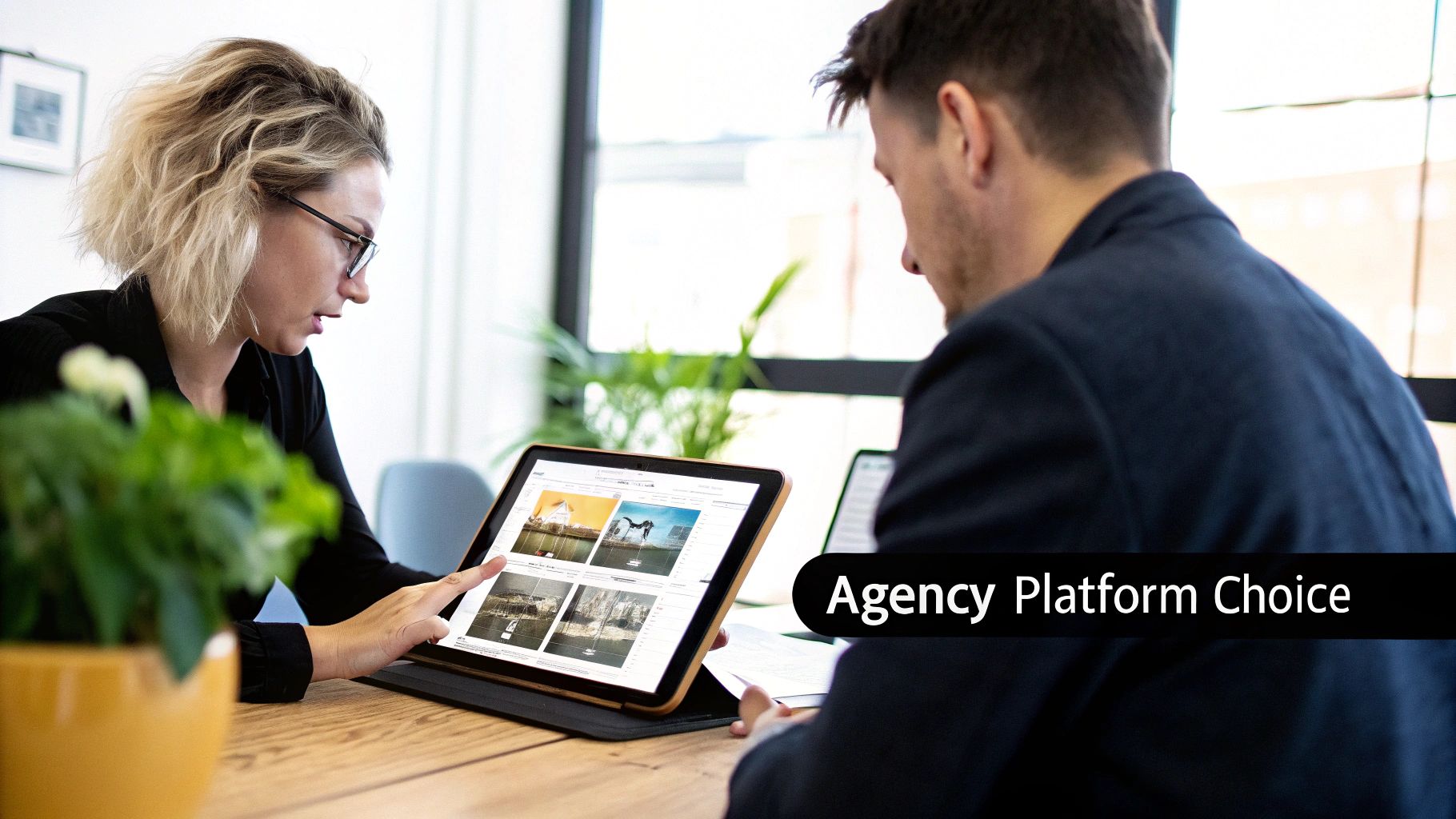 Two colleagues in an office, a woman actively uses a tablet displaying a selection of images, discussing agency platform choices.