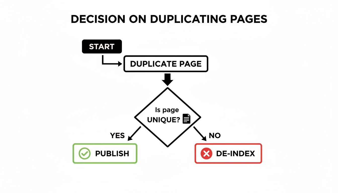 Flowchart outlining the decision process for duplicated pages: Start, duplicate, check uniqueness, then publish or de-index.