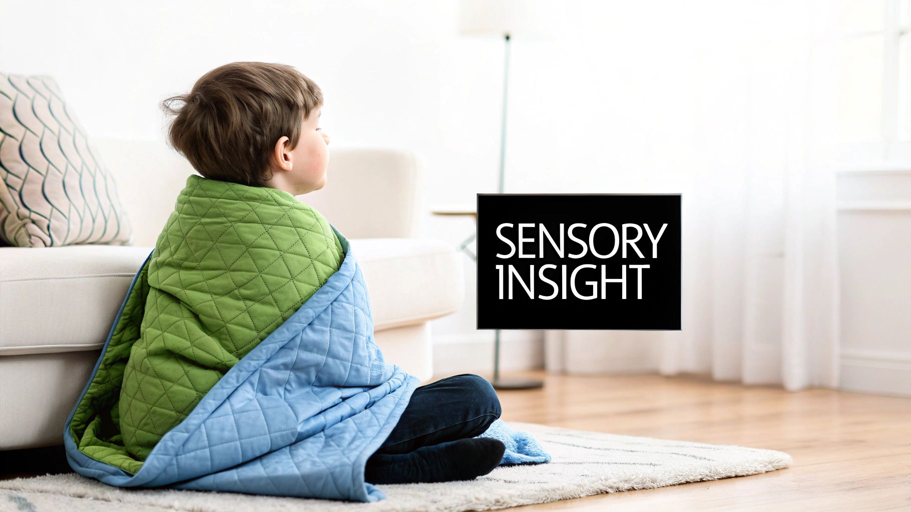 Young boy in a weighted blanket on a rug, with 'SENSORY INSIGHT' on a black screen.