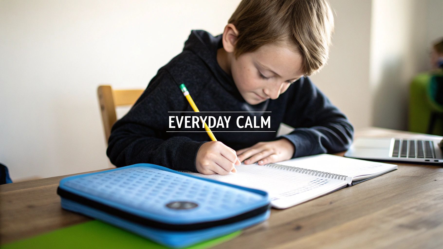 A young boy focused on writing in a notebook at a desk with a pencil.