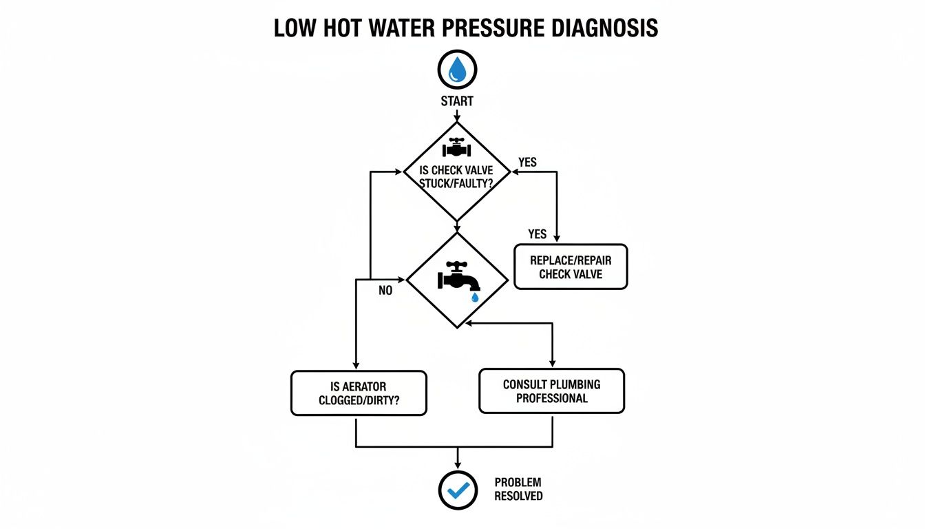 A flowchart diagnoses low hot water pressure, guiding users to check valves, aerators, and consult professionals.