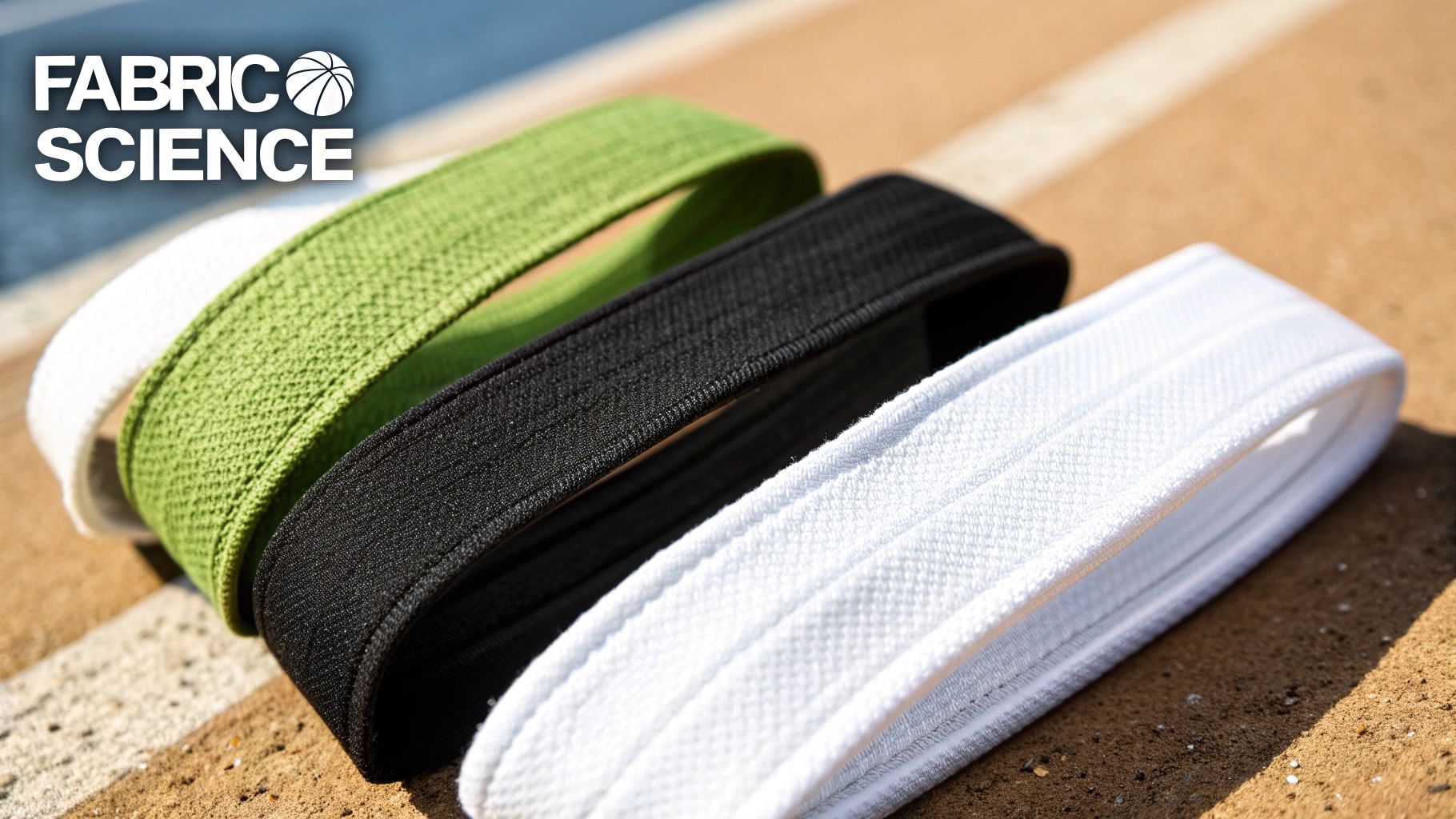 Close-up of three elastic sports headbands in white, green, and black colors on a textured ground.