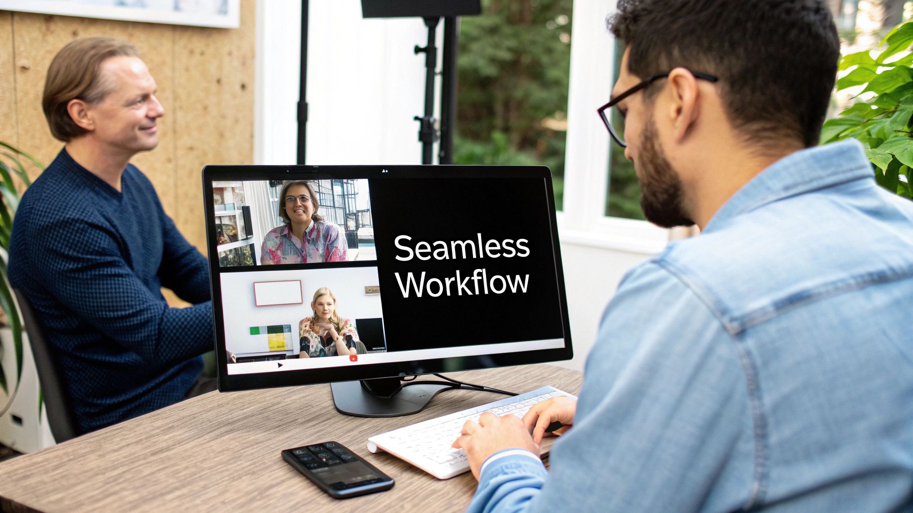 Two men collaborate during a video conference displaying 'Seamless Workflow' and remote participants.
