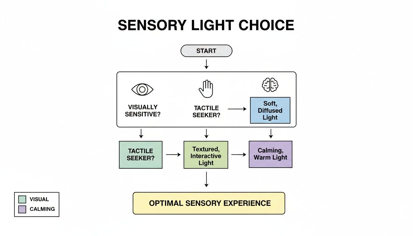 Flowchart detailing sensory light choice based on visual sensitivity and tactile preferences for optimal experience.