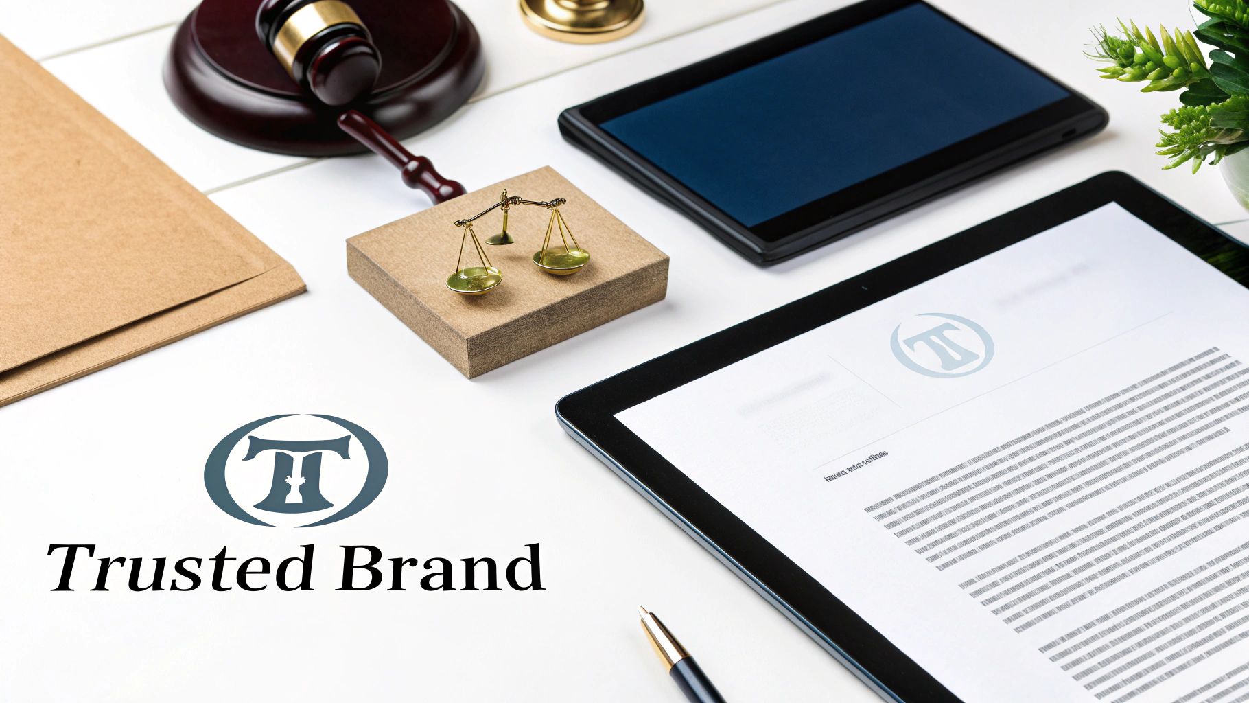A flat lay image showing legal items like a gavel, scales of justice, tablets, and a pen, emphasizing a trusted brand.