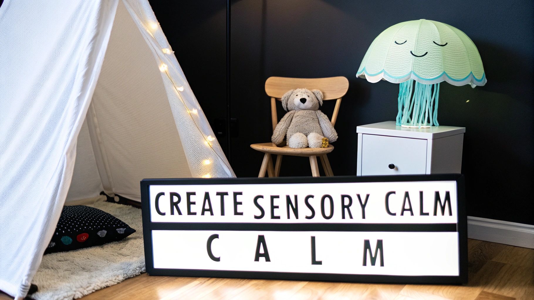 Sensory calm corner with white tent, teddy bear, jellyfish lamp and illuminated sign