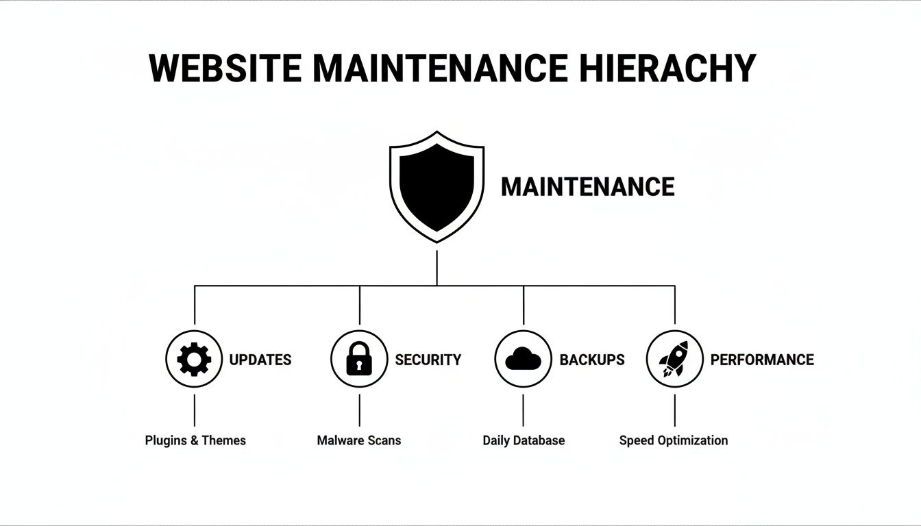 A hierarchical diagram outlining website maintenance, detailing updates, security, backups, and performance optimization steps.