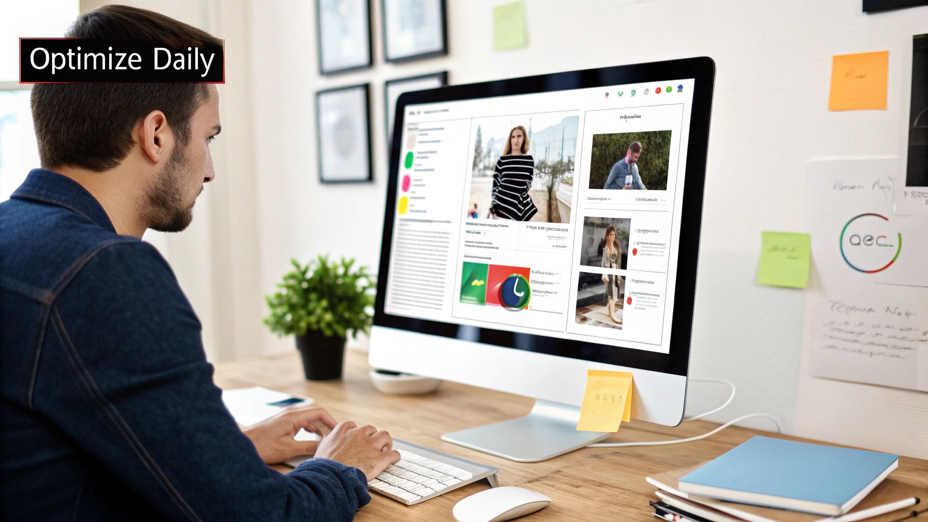 A man in a denim shirt intently working on a computer at a wooden desk with a plant.