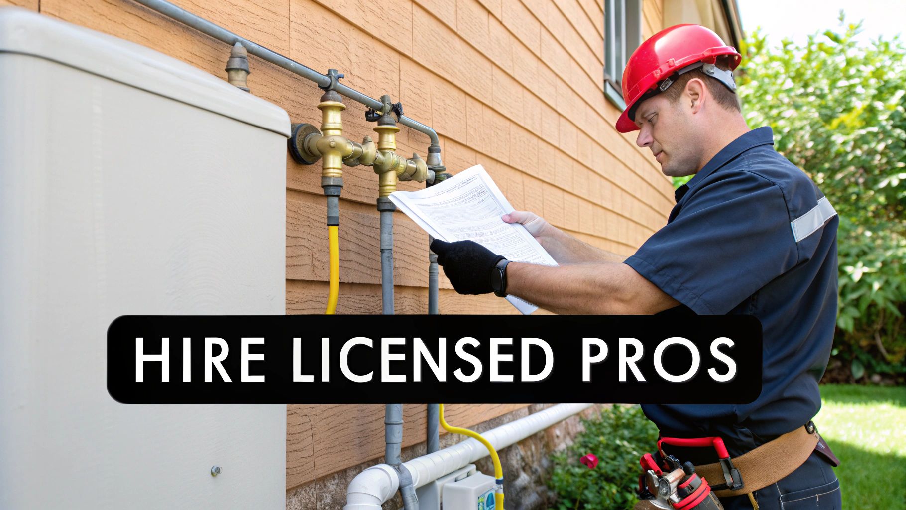 A licensed professional wearing a hard hat and uniform inspects an outdoor hot water heater system.